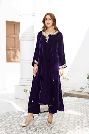 Simple new velvet dress design crafted in premium velvet fabric for elegant formal wear by Buraqstore.