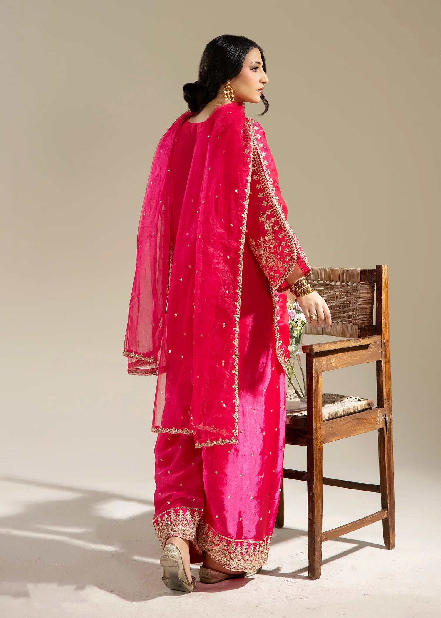 model posing in pink formal dress set buraqstore fashion