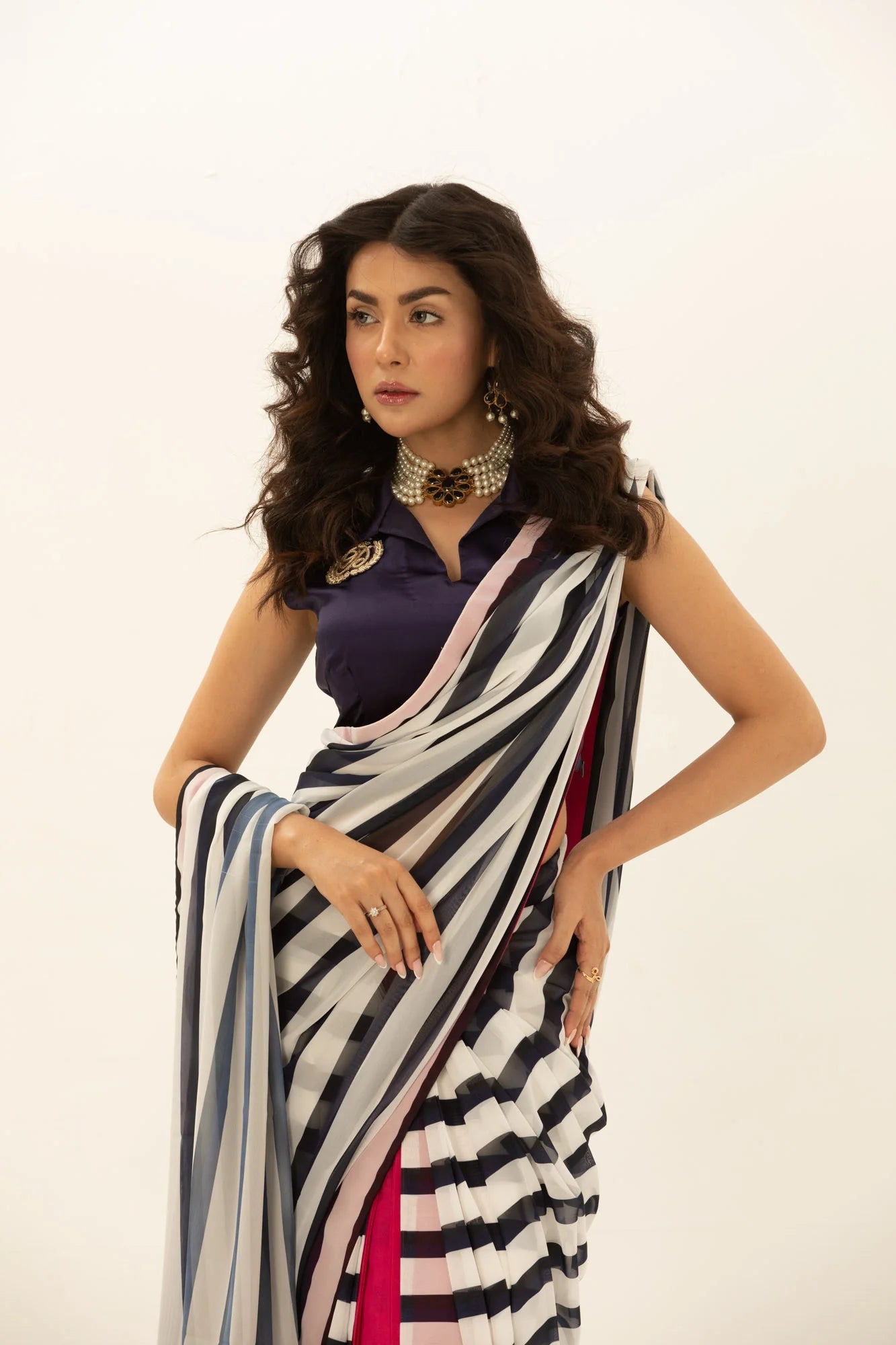 Timeless Stripes – Blue & White Saree 3Pc