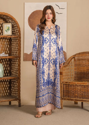 Model wearing beige color dress pakistani in beige and blue, printed shamooz 1PC, front view from Buraqstore