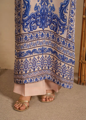 Women wearing beige color dress pakistani, back view of the printed shamooz 1PC, Buraqstore