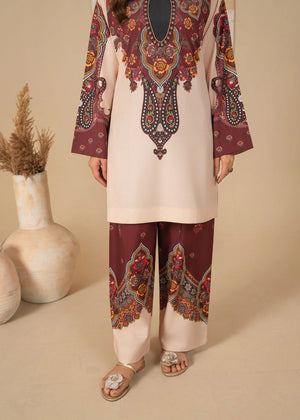 Women wearing beige color dress, back view of the printed poly lawn shirt and trouser, Buraqstore