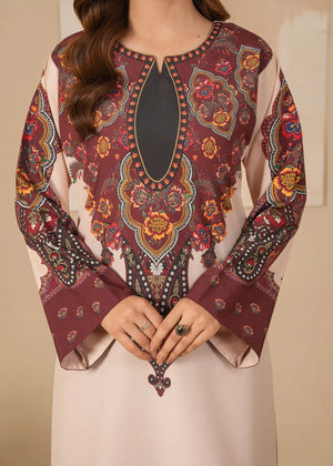 Model wearing beige color dress, side view showing the fit of the printed poly lawn 2PC, Buraqstore