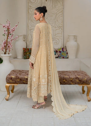 Women wearing beige color dress pakistani, close-up of the embroidery on the chiffon shirt, Buraqstore
