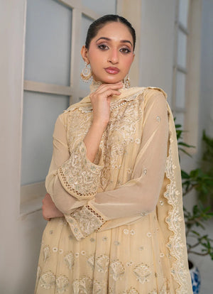 Model wearing beige color dress pakistani as a festive outfit, shop the embroidered chiffon 3-piece set at Buraqstore