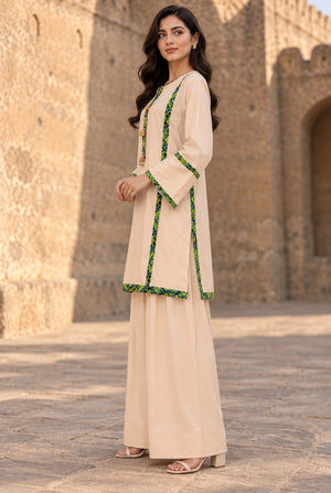 Women wearing beige stitched linen suit 2PC in side profile showing the straight-cut fit, linen suit design for women at Buraqstore