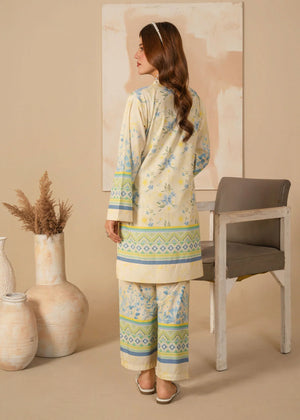Women wearing beige summer lawn dress design, close-up of the print on the poly lawn shirt, Buraqstore