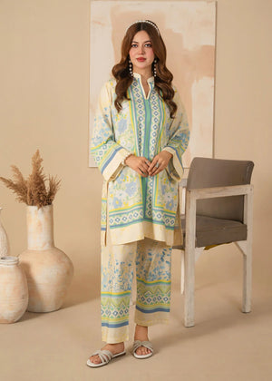 Model wearing beige summer lawn dress design, printed poly lawn 2PC set, front view from Buraqstore