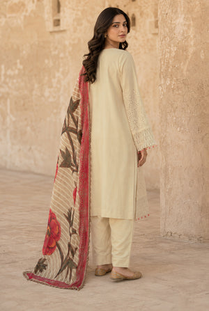 Women wearing beige chikankari embroidered kurti, close-up of the chikankari embroidery on the viscose shirt, Buraqstore