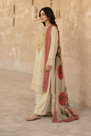 Model wearing beige chikankari embroidered kurti with plain dyed viscose trouser, side view of the stitched 3PC at Buraqstore