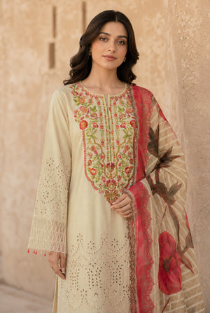 Women wearing beige chikankari embroidered kurti with digital printed chiffon dupatta draped on the shoulder, Buraqstore