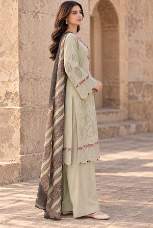 Model wearing beige chicken kari suit price in pakistan set with plain dyed viscose trouser, side view at Buraqstore