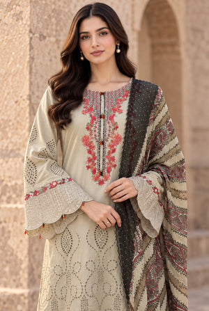 Women wearing beige chicken kari suit price in pakistan set with digital printed chiffon dupatta draped on the shoulder, Buraqstore
