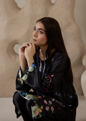Women wearing black co ord set, back view of the printed charmeuse silk top, Buraqstore