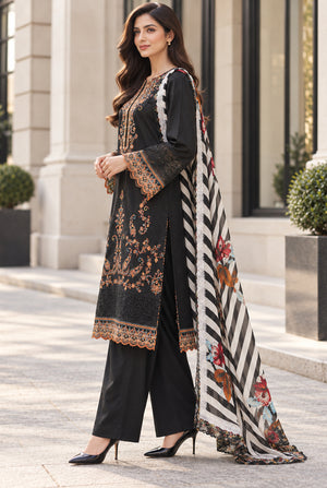 Model wearing black karandi suit with plain dyed karandi trouser, side view of the 3PC set from Buraqstore