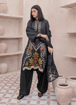 Model wearing black dress pakistani, embroidered raw silk shirt, trouser and dupatta, front view from Buraqstore
