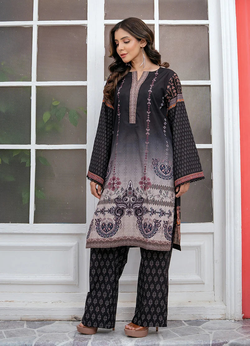 Model wearing black dress design, a printed lawn shirt and trouser 2PC, front view from Buraqstore