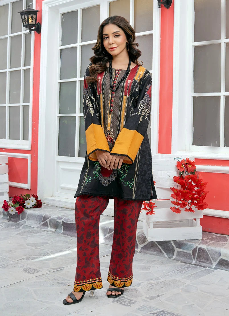 Model wearing black dress for women, a printed lawn shirt and trouser 2PC, front view from Buraqstore