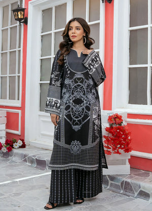 Model wearing black dress online, a printed lawn shirt and trouser 2PC, front view from Buraqstore