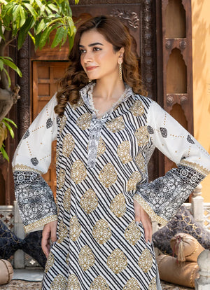 Women wearing black and white dress, back view of the printed lawn shirt and trouser, Buraqstore