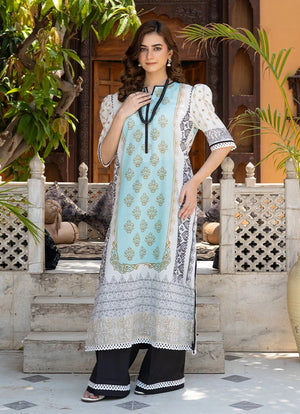 Model wearing black and white dress design, a printed lawn shirt and trouser 2PC, front view from Buraqstore