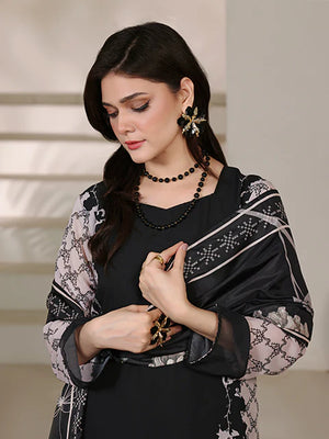 woman posing in Buraqstore chiffon pret outfit with black party dress pakistani styling for events