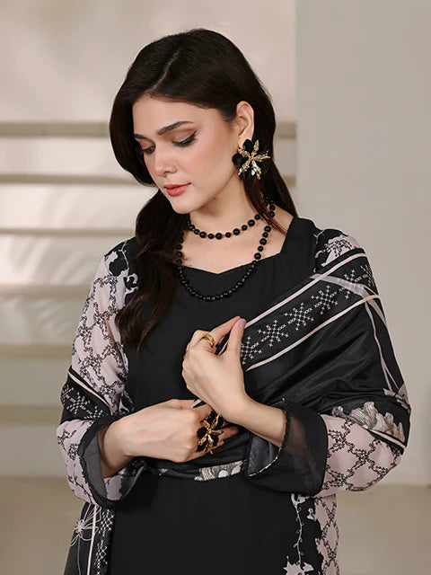 woman posing in Buraqstore chiffon pret outfit with black party dress pakistani styling for events