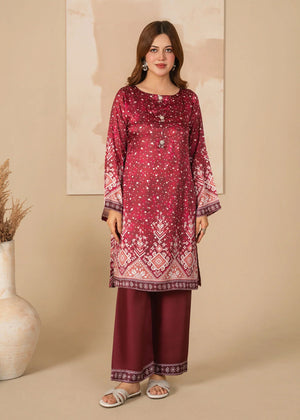 Model wearing blood red dress design, printed shamooz 2PC set, front view from Buraqstore