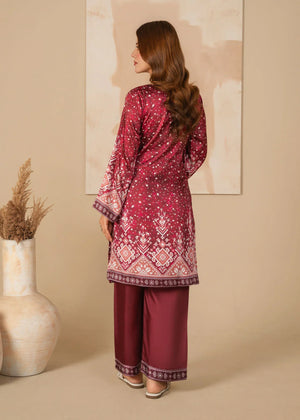 Women wearing blood red dress design, close-up of the print on the shamooz shirt, Buraqstore