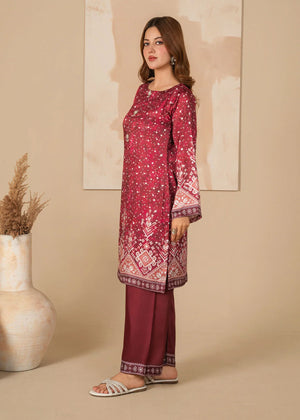 Model wearing blood red dress design as a bold outfit, shop printed shamooz 2PC at Buraqstore