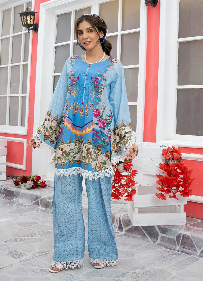 Model wearing blue dress design, a printed lawn shirt and trouser 2PC, front view from Buraqstore