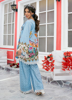 Women wearing blue dress design, back view of the printed lawn shirt and trouser, Buraqstore