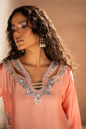 Women wearing blush peach sheesha silk dress design with a matching medium silk dupatta, Buraqstore