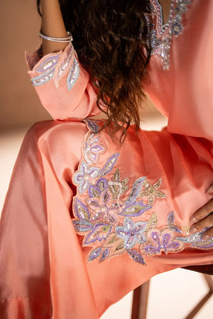 Model wearing blush peach sheesha silk dress design as a festive outfit, shop handcrafted 3PC silk set at Buraqstore