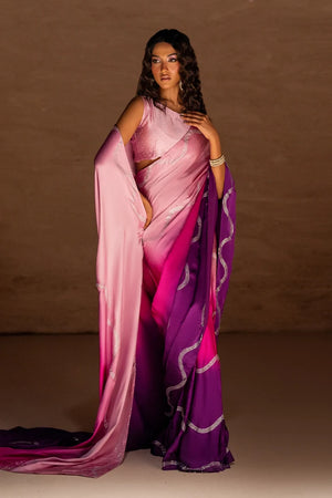 Women wearing ombre silk saree designs pakistani with matching silk blouse, side view of the 2PC set at Buraqstore