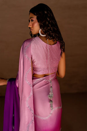 Women wearing ombre silk saree designs pakistani as a party look, shop two-tone silk saree online at Buraqstore