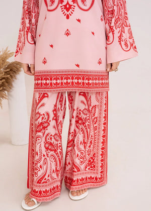 Women wearing blush pink lawn co ord sets, side view showing the fit of the printed poly lawn set, Buraqstore