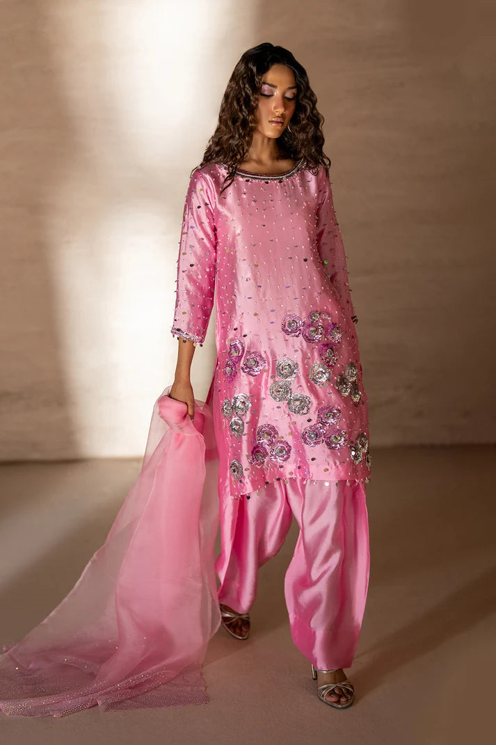 Women wearing blush pink sheesha silk dress design, close-up of silver embroidery and rhinestone embellishment, Buraqstore