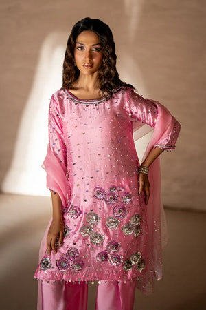 Model wearing blush pink sheesha silk dress design with matching sheesha silk trouser, side view of the 3PC at Buraqstore