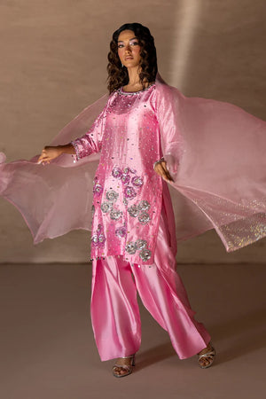 Model wearing blush pink sheesha silk dress design as a festive outfit, shop handcrafted 3PC set online at Buraqstore