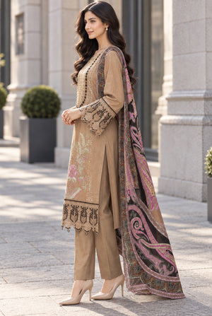 Model wearing brown karandi collection with plain dyed karandi trouser, side view of the 3PC set from Buraqstore