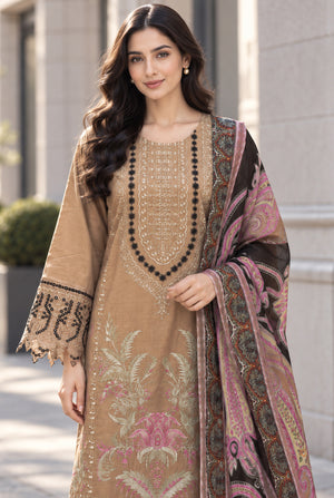 Women wearing brown karandi collection with digital printed chiffon dupatta draped over the shoulder, Buraqstore