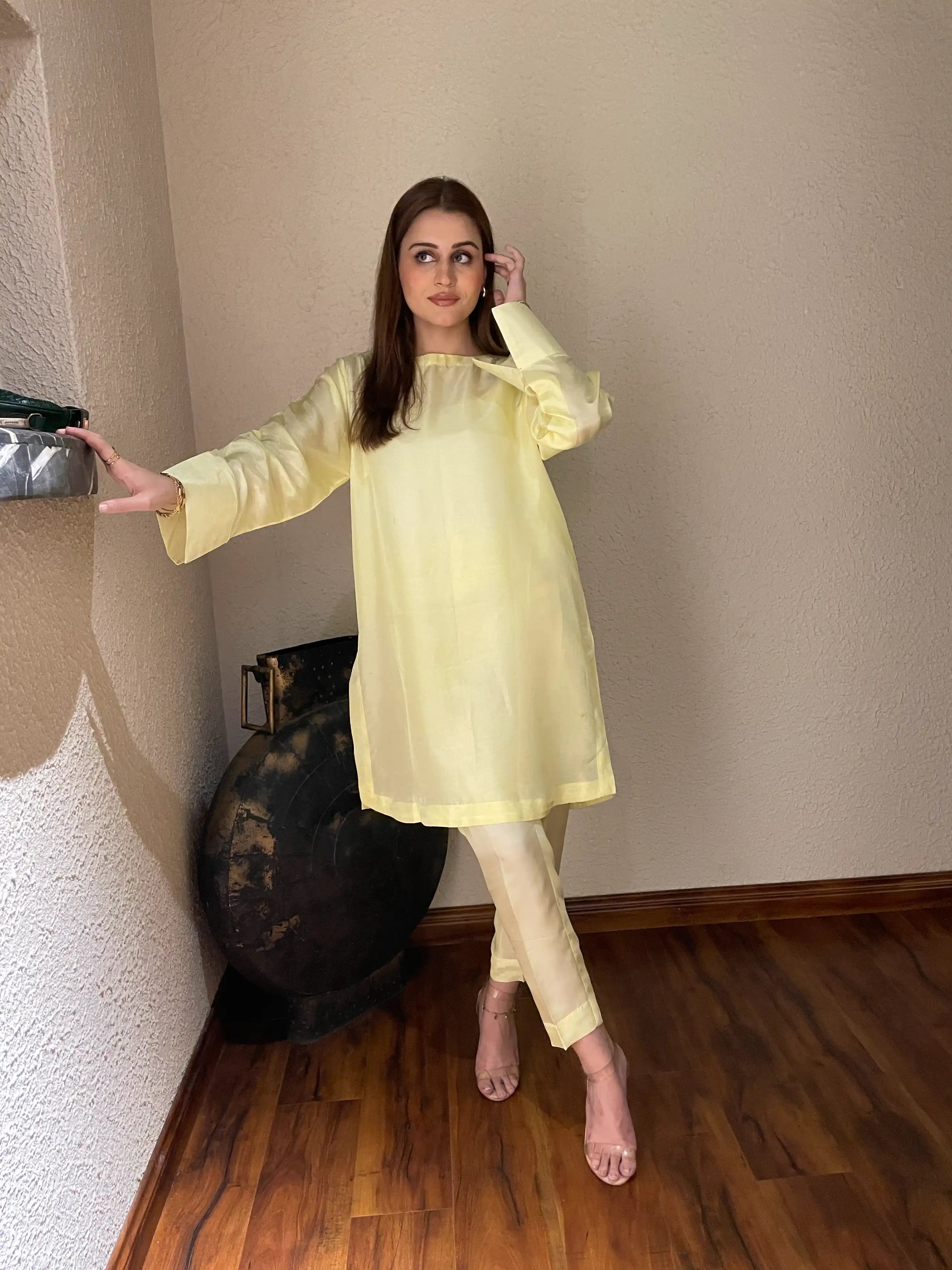 butter yellow coord set silk dress with dupatta 2pcs