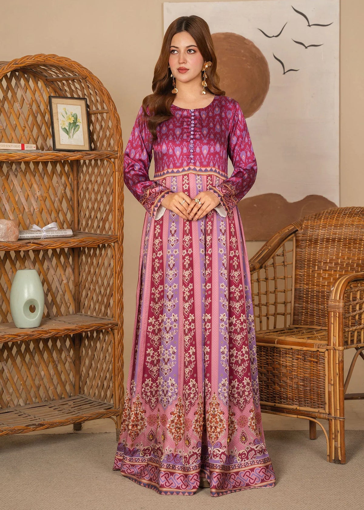 Model wearing cherry red colour dress, printed viscose 1PC, front view from Buraqstore