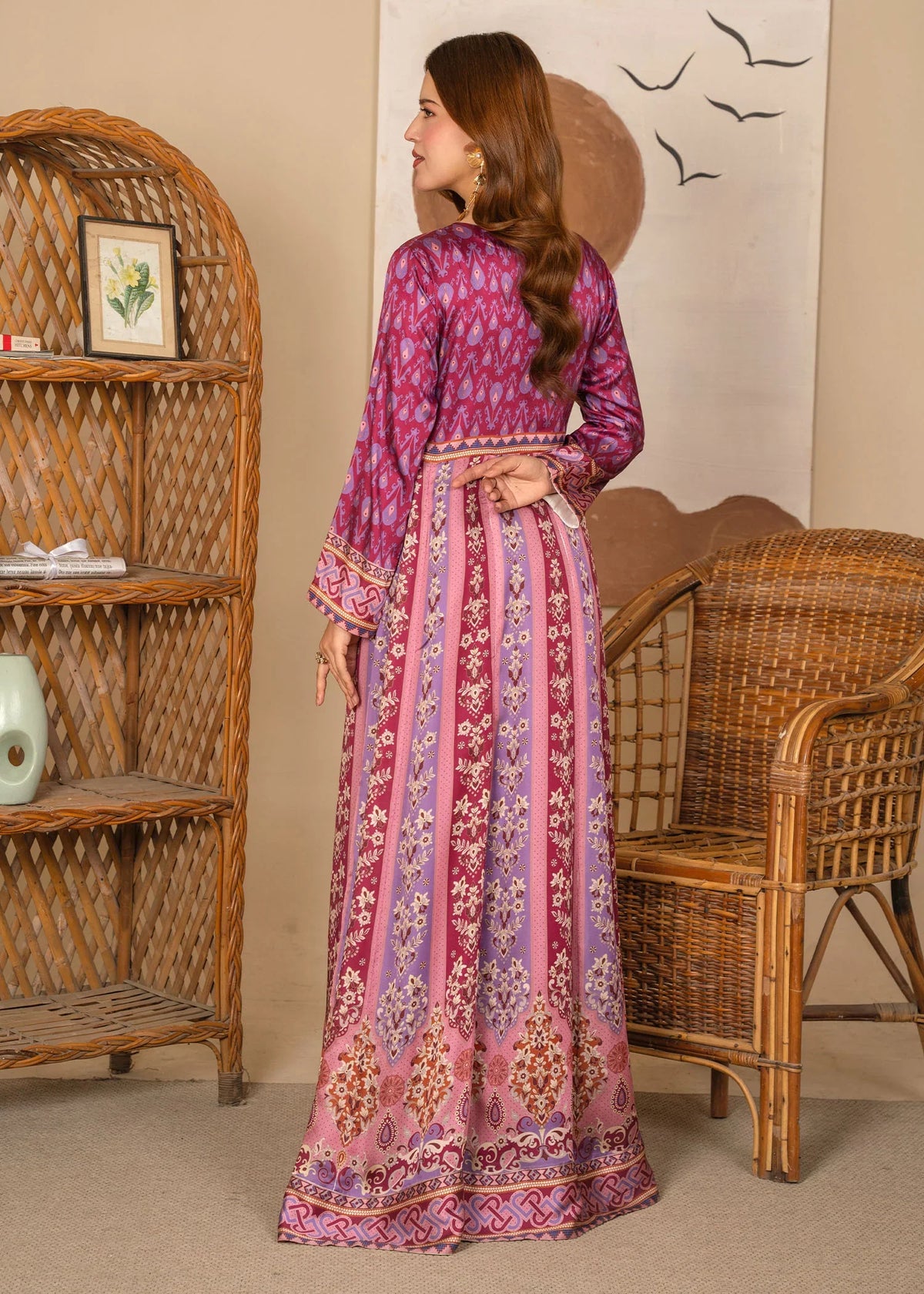 Women wearing cherry red colour dress, close-up of the print on the viscose fabric, Buraqstore