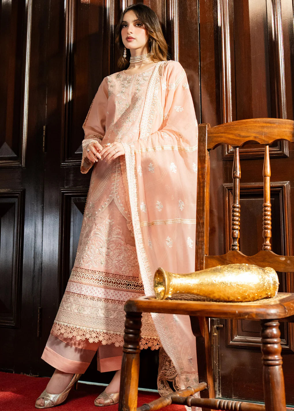 Buraqstore pink white chikankari lawn suit embroidered 3 piece design