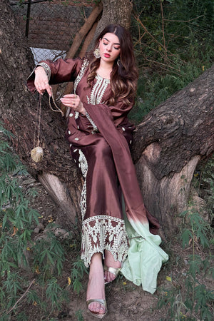 Rich brown kaftan dress Pakistan elegant kaftan dresses online Pakistan BuraqStore