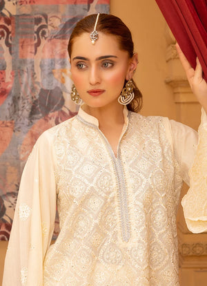 Women wearing cream color dress, back view of the embroidered bana dora shirt and bottom, Buraqstore