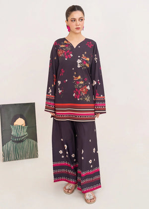 Model wearing dark blue dress in dark blue and black, printed grip 2PC set, front view from Buraqstore