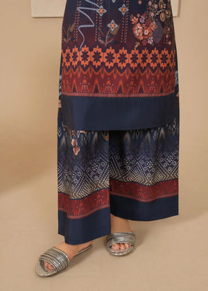 Women wearing dark blue color dress, back view of the printed poly lawn shirt and trouser, Buraqstore